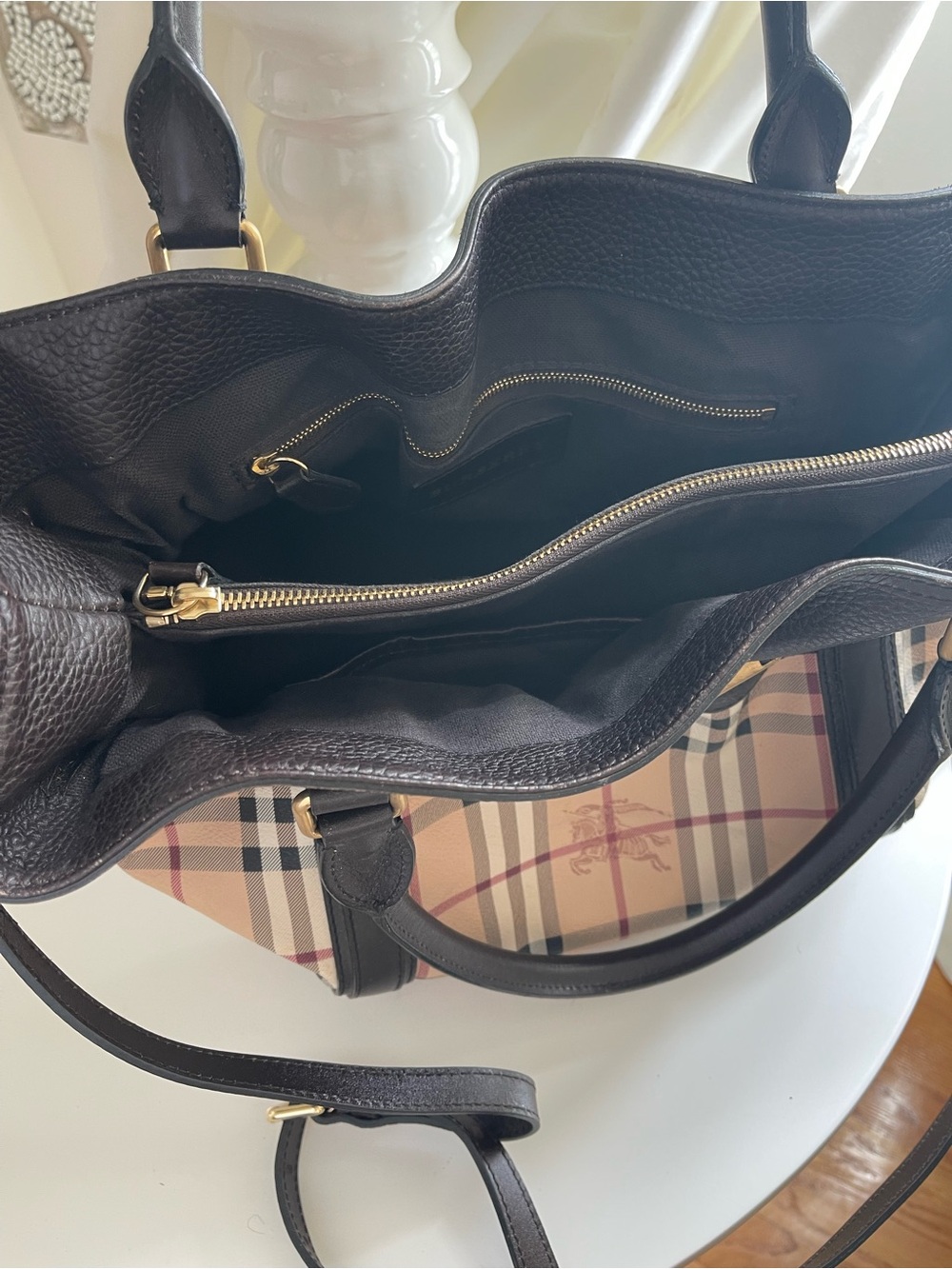 Burberry Black Leather and Beige Check Satchel - Picture 5 of 9